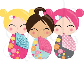 Giant Japanese Kokeshi Party Cutouts-- Download Printable PDF Asian Party Kimono Harajuku Girl