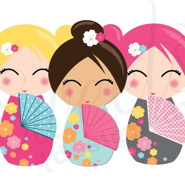 Giant Japanese Kokeshi Party Cutouts-- Download Printable PDF Asian Party Kimono Harajuku Girl