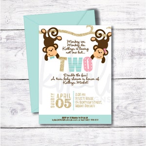 Twin Baby Shower- Monkey Invitation-- Custom Printable PDF Twin Boy and Girl, Twin Girls, Twin Boys Invite