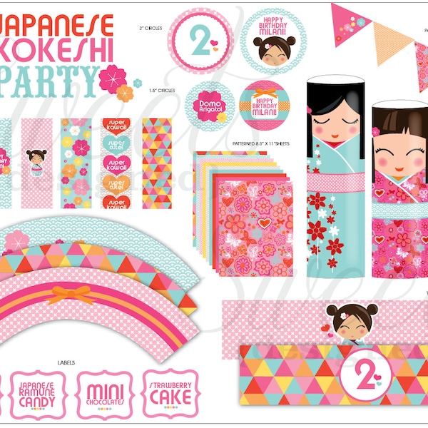 Japanese KOKESHI Doll PartyPack-Cupcake wraps, Tags, Favor Tags, Bannière, Décor, Bouteille d’eau et Mini Chocolatewraps, - PDF imprimable personnalisé