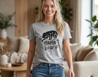 Mama Bear Foraging Flowers Butterfly Graphic T-Shirt