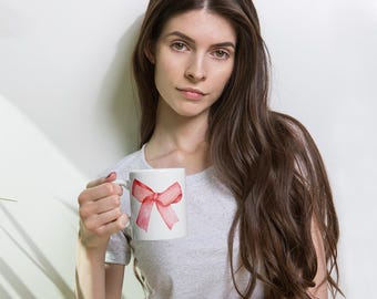 Delicate Pink Bows Wrap Mug 11oz | Glossy White Coffee Cup