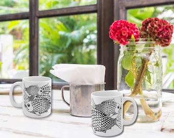 Zen Koi Fish Illustration Pattern Black and White  11 Mug