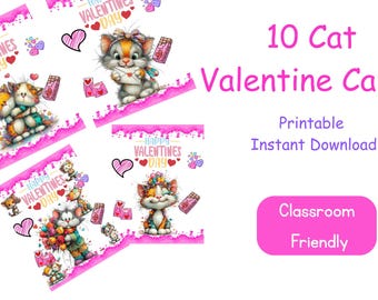 Cat Valentine Cards for Kids Printable | 10 Cute Cat Valentines | Classroom Valentine Exchange Cards | Instant Download