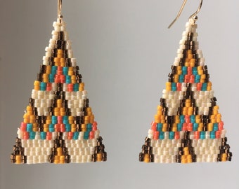 ART DECO white, bronze, yellow, orange, turquoise bead woven earrings, boho, hand woven, statement jewelry, beadwork, beaded earrings