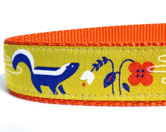 skunks on yellow dog collar, yellow dog collar, orange dog collar, flowers, skunk, wilderness, ribbon dog collar, adjustable dog collar