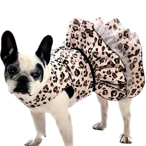 leopard print dress, pink dress, ruffle dress, summer dress,  holiday dog dress, dress for small dog, dress for French bulldog, XS-L