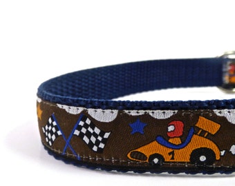 cars dog collar, boy dog collar, brown dog collar, navy dog collar