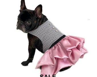 Tweed and Satin Dog Dress, Black and Pink Dog Dress, Holiday Dog Dress, Sale Dog Dress