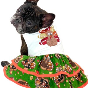 Turkey and football dog dress, thanksgiving dog dress, fall dog dress, small dog dress, dress for French bulldog