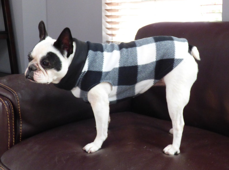 winter- jacket Black and white Buffalo Plaid Fleece Pull Over XS-L animal print- french bulldog- all breed fleece sweater