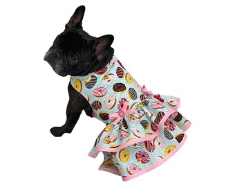 Donuts dog dress, blue and pink dog dress, holiday dog dress, dress for small dog, dress for French bulldog, XS-L