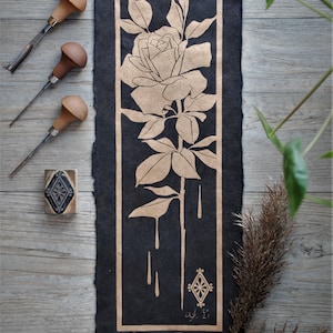 BLEEDING ROSE (gold) - handmade block print - linocut