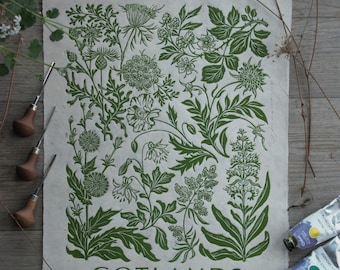 GOTLANDS BLOMMANDE VÄGKANTER (moss green) - handmade block print - linocut