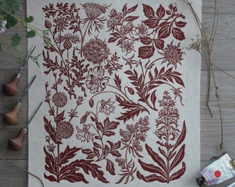 GOTLANDS BLOMMANDE VÄGKANTER (dark red) - handmade block print - linocut