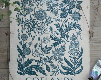 GOTLANDS BLOMMANDE VÄGKANTER (petrol/dark turquoise) - handmade block print - linocut