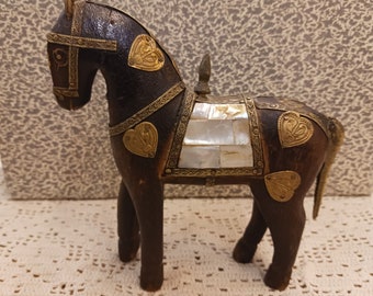 Vintage Wooden Horse with Mother of Pearl Saddle and Brass Accessories