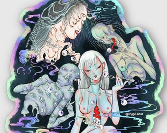 Festa, Menina com 3 demônios japoneses, ilustração surreal escura, adesivo bizarro, adesivo de globo ocular, adesivo holográfico, estranho, gótico macabro
