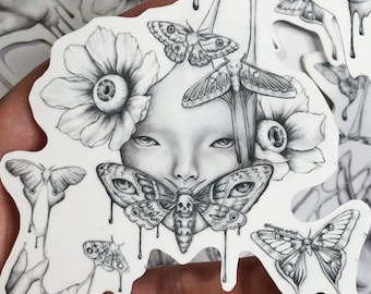 Moth sticker, beautiful pencil illustration, postcard and sticker sets, glossy stickers, butterfly art, surreal drawing, gothic sticker