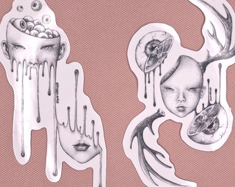 May include: Two black and white illustrations of faces with eyes spilling out of their heads. The first illustration is of a face with dripping black liquid. The second illustration is of a face with antlers and a dripping eye.