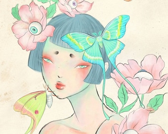 Signed Moth Girl Print, Surreal Digital Painting