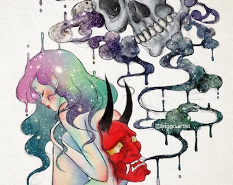 Galaxy Girl with Japanese Demon, colorful holographic stickers, traditional japanese illustration, edgy vinyl sticker, Hannya Oni Noh Mask
