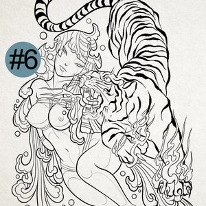 Könnte beinhalten: Eine Schwarzweiß-Zeichnung einer Frau, die von einem Tiger umarmt wird. Die Frau trägt eine fließende Robe und der Tiger knurrt. Die Zeichnung ist von stilisierten Wolken und Flammen umgeben.