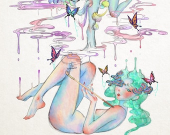 Girl with mushroom, weird bizarre holographic sticker, rainbow rain drop, pop sureal artwork, beautiful body illustration, fungus sticker
