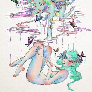 Fille avec champignon, autocollant holographique bizarre, goutte de pluie arc-en-ciel, oeuvre d'art pop sureal, belle illustration du corps, autocollant champignon