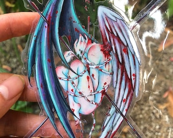 Devil and Angel, beautiful dark clear sticker, bat wing illustration, angel wings, demon art, bloody bondage, postcard, limit print, surreal