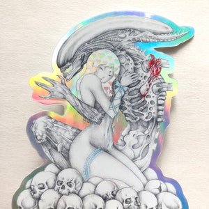 Prey Alien holographic sticker, 3.2x4.1in limit release, alien xenomorph HR giger illustration, extraterrestrial, fan art, alien vs predator