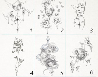 Dark Gothic Art Postcard Set, Surreal Pencil Drawing
