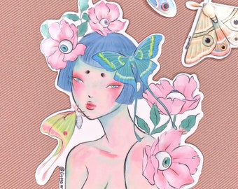 Girl with moth, floral stickers, beautiful pastel color illustration, Valentines Stickers, sticker sets, sticker pack, custom stickers, eyes