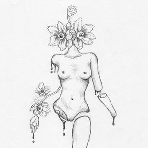 Hermoso, extraño, floral, surrealista dibujo a lápiz cortado, impresión firmada limitada, trabajo de línea simple, arte del tatuaje, póster de arte de decoración de pared