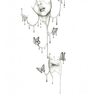 May include: A black and white pencil drawing of a face melting into dripping lines with butterflies flying around it.