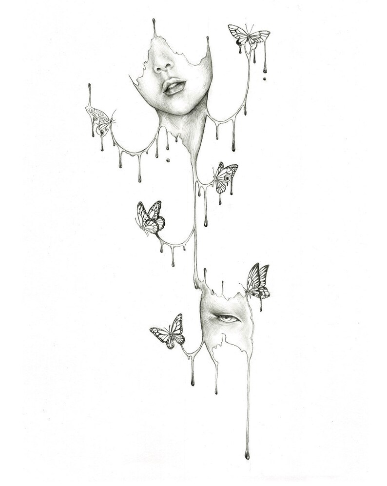 May include: A black and white pencil drawing of a face melting into dripping lines with butterflies flying around it.