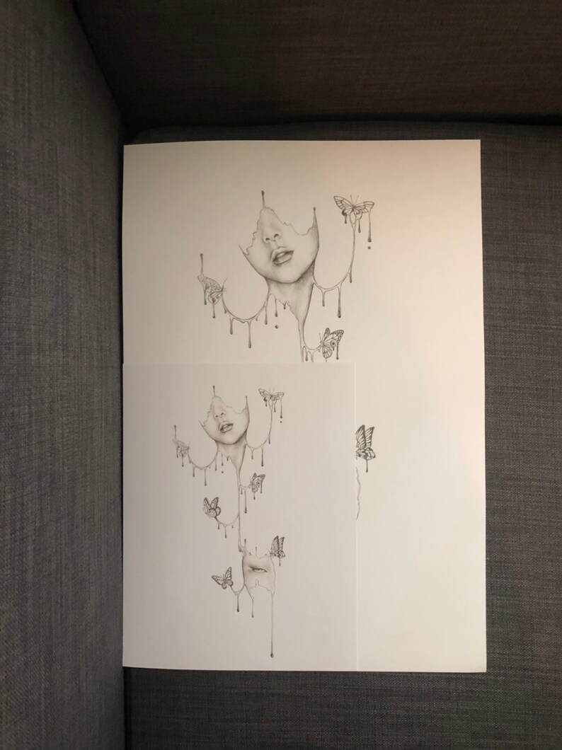 May include: A black and white drawing of a face with dripping lines and butterflies. The face is partially obscured by the dripping lines. The butterflies are scattered around the face.