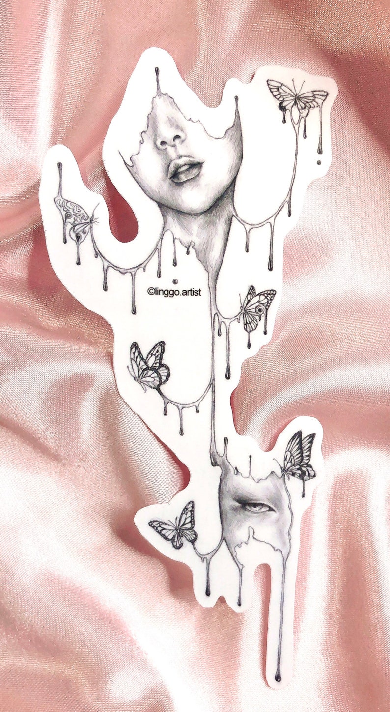 May include: A black and white line drawing of a face with dripping paint and butterflies. The text "Clinggo artist" is at the bottom of the image.