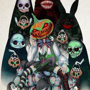 May include: A spooky Halloween-themed illustration featuring a central figure with a pumpkin head, surrounded by various monsters and skulls. A black cat with green accents sits atop a pile of faces. The artwork has a dark, eerie aesthetic.