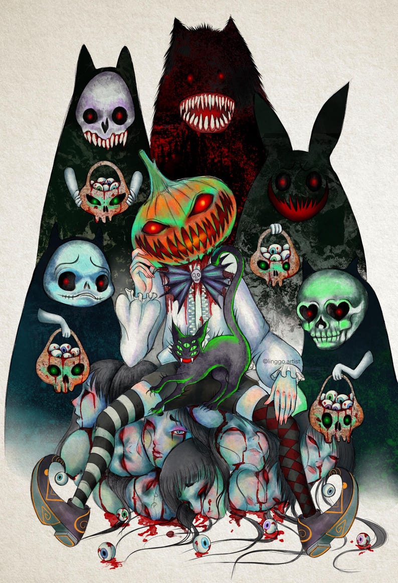 May include: A spooky Halloween-themed illustration featuring a central figure with a pumpkin head, surrounded by various monsters and skulls. A black cat with green accents sits atop a pile of faces. The artwork has a dark, eerie aesthetic.