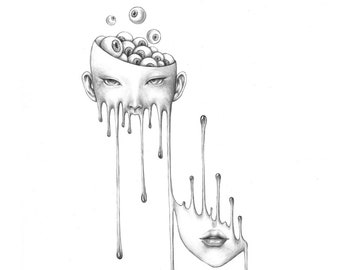 May include: A black and white pencil drawing of a face with eyes dripping out of the head. The eyes are falling like liquid.