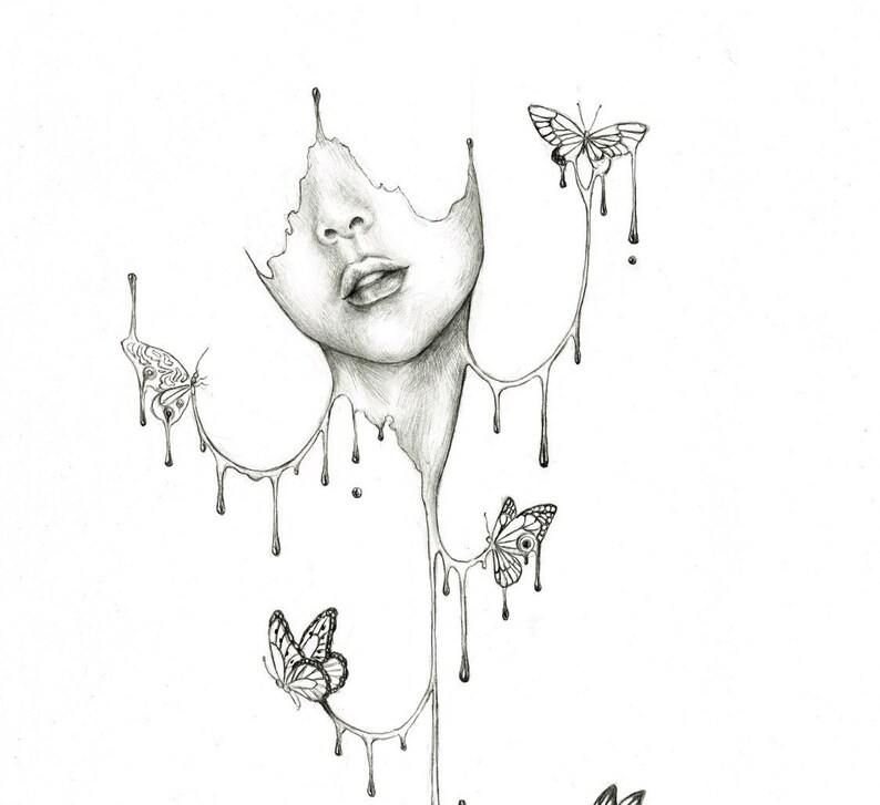 May include: A black and white pencil drawing of a face melting into a dripping form with butterflies flying around it.