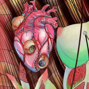 K&ouml;nnte beinhalten: Eine digitale Illustration eines rosa anatomischen Herzens mit eingen&auml;hten menschlichen Aug&auml;pfeln, platziert neben einem Abschnitt aus freiliegendem Muskelgewebe und Haut. Die Komposition enth&auml;lt d&uuml;nne, dunkle vertikale Linien.