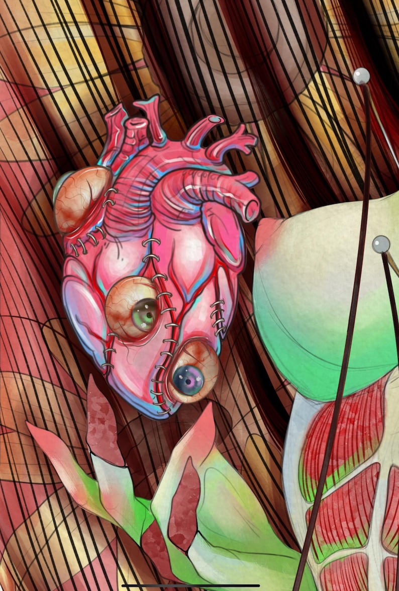 K&ouml;nnte beinhalten: Eine digitale Illustration eines rosa anatomischen Herzens mit eingen&auml;hten menschlichen Aug&auml;pfeln, platziert neben einem Abschnitt aus freiliegendem Muskelgewebe und Haut. Die Komposition enth&auml;lt d&uuml;nne, dunkle vertikale Linien.