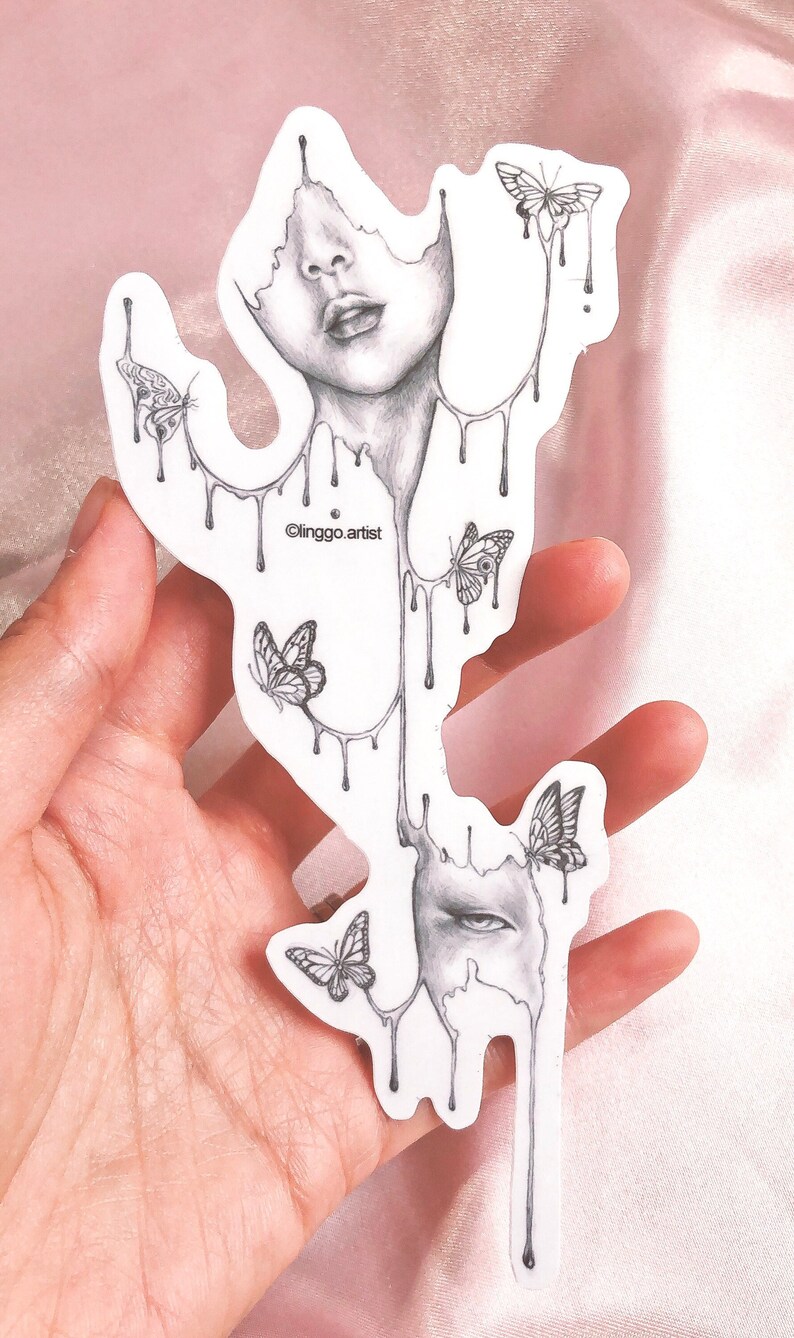 May include: A black and white drawing of a face melting into dripping lines with butterflies flying around it. The drawing is on a white background and has the text "@linggo.artist" in the center.