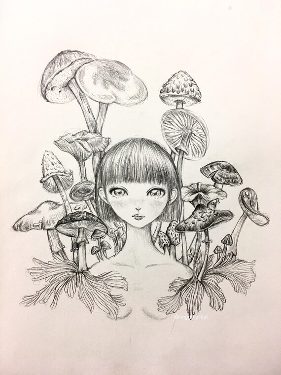 Linggo surreal drawing Mushroom Girl Wall Art Wall Decor Art | Etsy