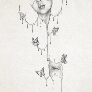 May include: A black and white pencil drawing of a melting face with butterflies flying around it. The face is drawn in a realistic style, with details like the eyes, nose, and mouth. The butterflies are drawn in a more stylized way, with their wings spread out.