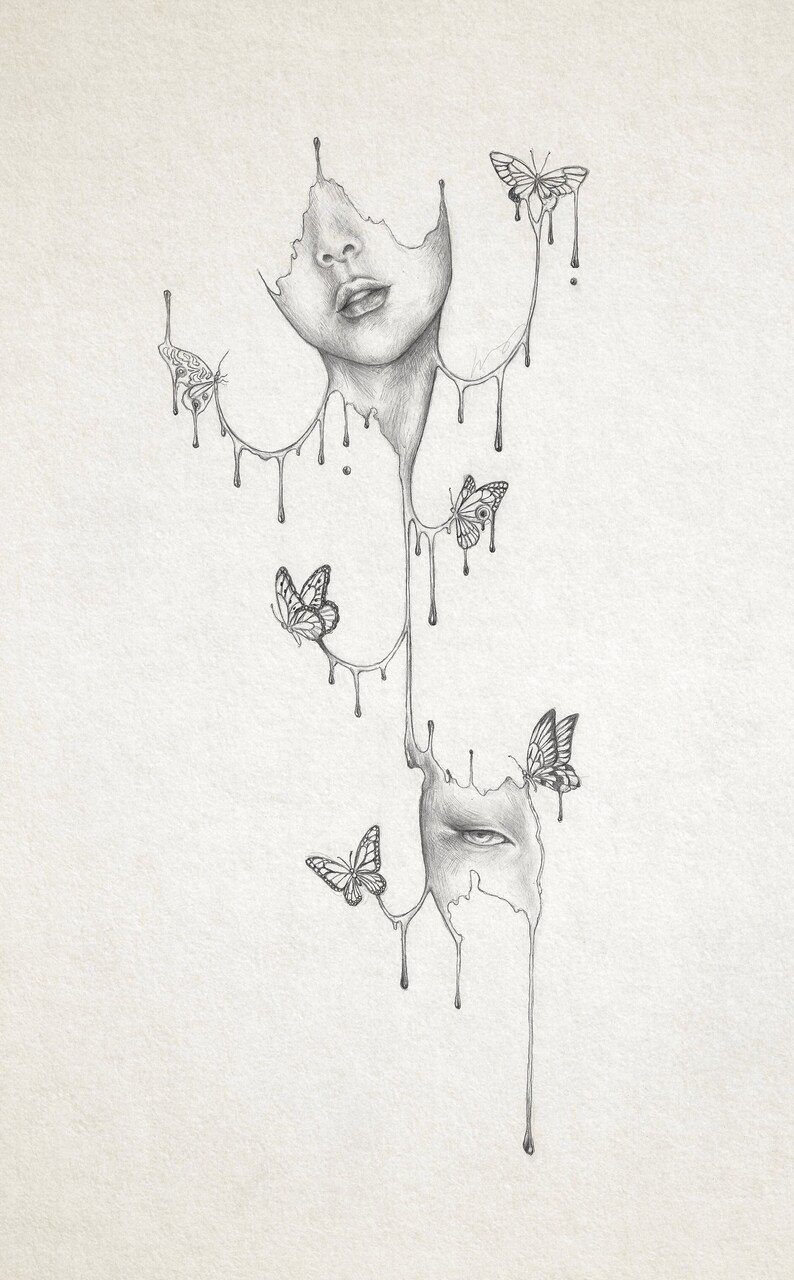 May include: A black and white pencil drawing of a melting face with butterflies flying around it. The face is drawn in a realistic style, with details like the eyes, nose, and mouth. The butterflies are drawn in a more stylized way, with their wings spread out.