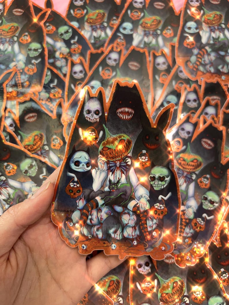 May include: A Halloween-themed sticker featuring a central illustration of a figure with a pumpkin head, surrounded by skulls, jack-o'-lanterns, and dark, shadowy figures. The sticker has a dark color palette with orange and white accents, creating a spooky aesthetic.