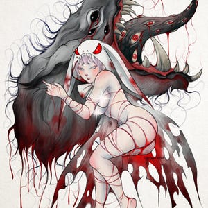 May include: An artistic illustration of a figure in a white bunny-eared hood and wrapped in red string, with a dark, multi-eyed wolf-like creature behind. The artwork features a palette of red, black, and white, with a surreal, fantasy theme.